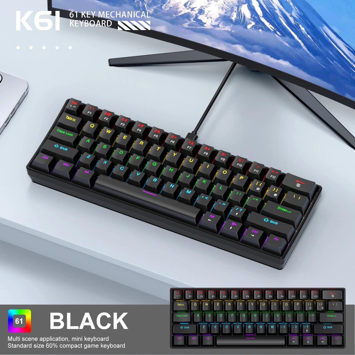 APAYADO K61 60% Mini Wired Gaming Mechanical Keyboard Phantom RGB, 61 Keys, Red/Blue Switch, Ergonomic, Portable for PC/Laptop