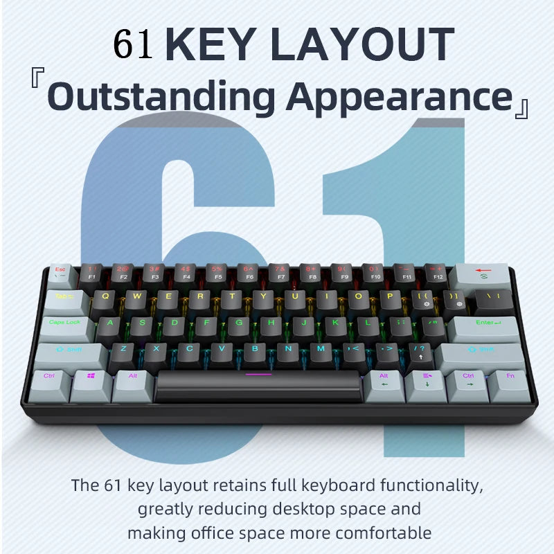 APAYADO K61 60% Mini Wired Gaming Mechanical Keyboard Phantom RGB, 61 Keys, Red/Blue Switch, Ergonomic, Portable for PC/Laptop