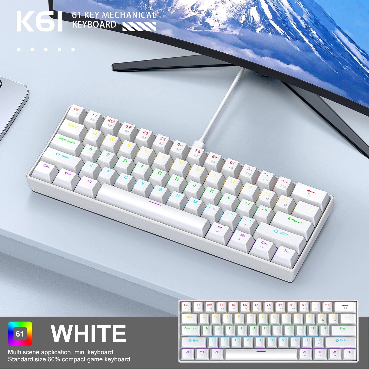APAYADO K61 60% Mini Wired Gaming Mechanical Keyboard Phantom RGB, 61 Keys, Red/Blue Switch, Ergonomic, Portable for PC/Laptop