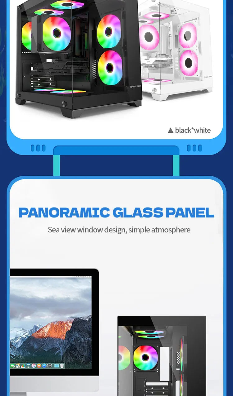 Power Train  Coloured Glaze PC Case Sea View Room 270°full view without column  Desktop Chassis Support 240  Water Cooler