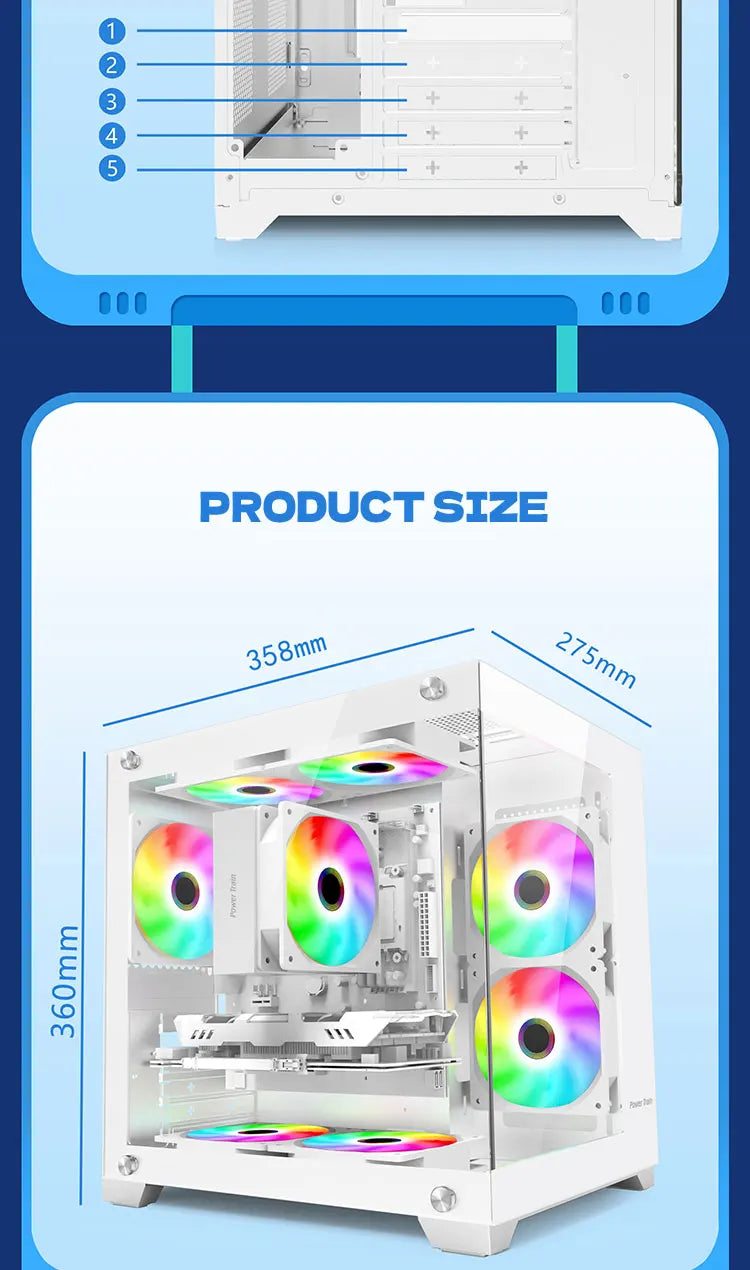 Power Train  Coloured Glaze PC Case Sea View Room 270°full view without column  Desktop Chassis Support 240  Water Cooler