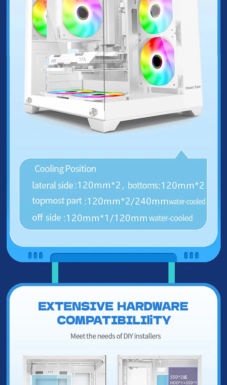 Power Train  Coloured Glaze PC Case Sea View Room 270°full view without column  Desktop Chassis Support 240  Water Cooler